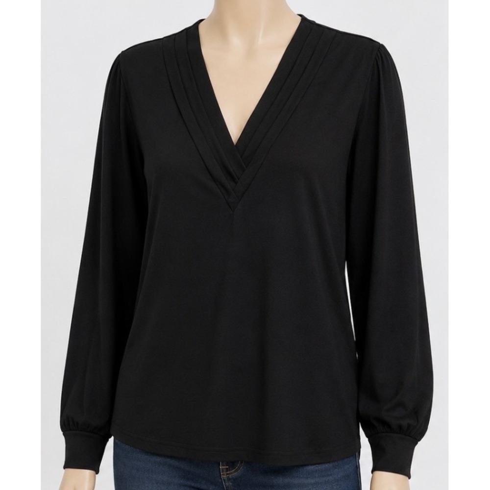 Agnes Urban Womens Black Pleated V-Neck Long Sleeve Blouse Top Size Medium - Picture 1 of 4